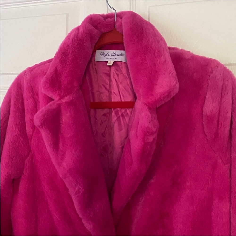 Gigi's Closette Coat Foux Fur Hot Pink Teddy Midi Coat Jacket New size Small - Picture 7 of 13